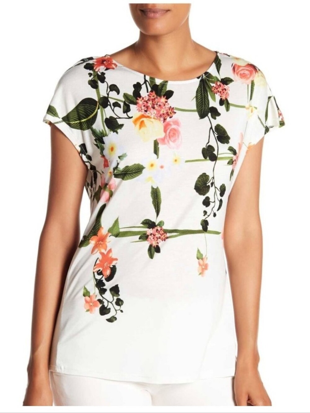 Carmen Marc Valvo Floral Short Sleeve Top - White/Green/Pink